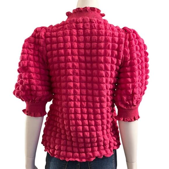 English Factory Mock Neck Popcorn Textured Knit Bubble Sleeve Top XS Pink - Picture 6 of 12